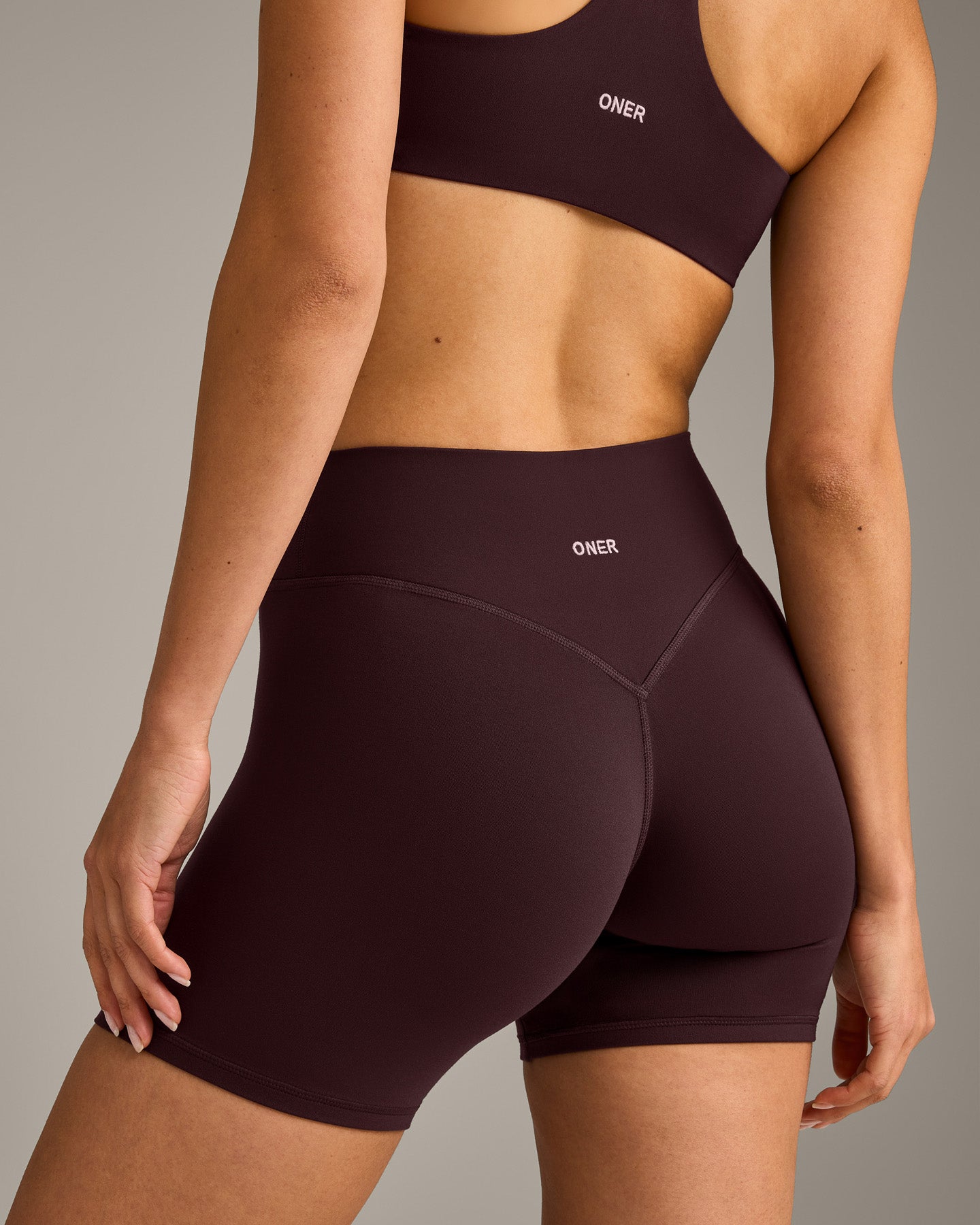 SoftMotion High Waisted Shorts 6" with Grey Logo | Plum Brown - Image 4