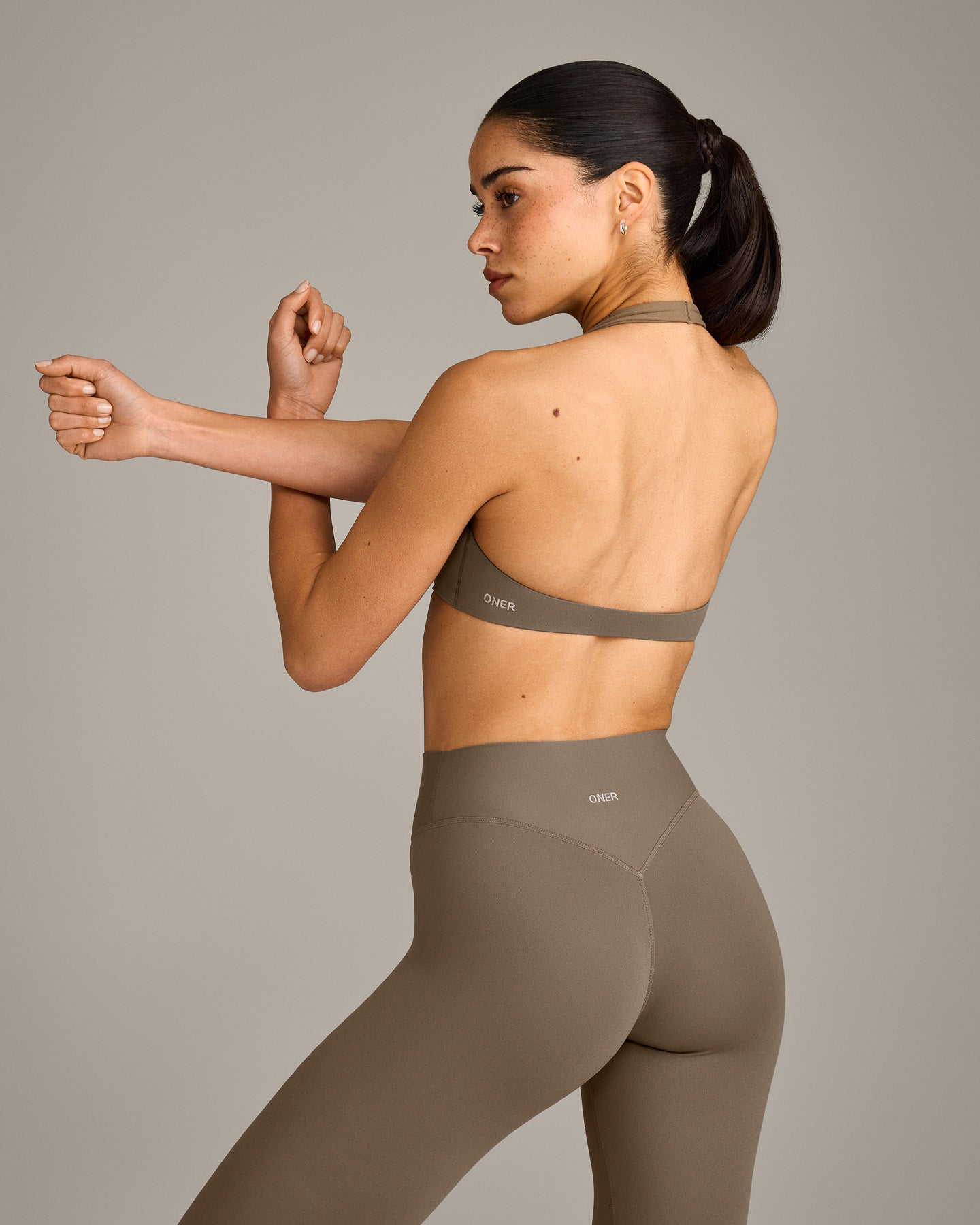 SoftMotion Minimal Halter Neck Bralette with Grey Logo | Moss Brown - Image 2