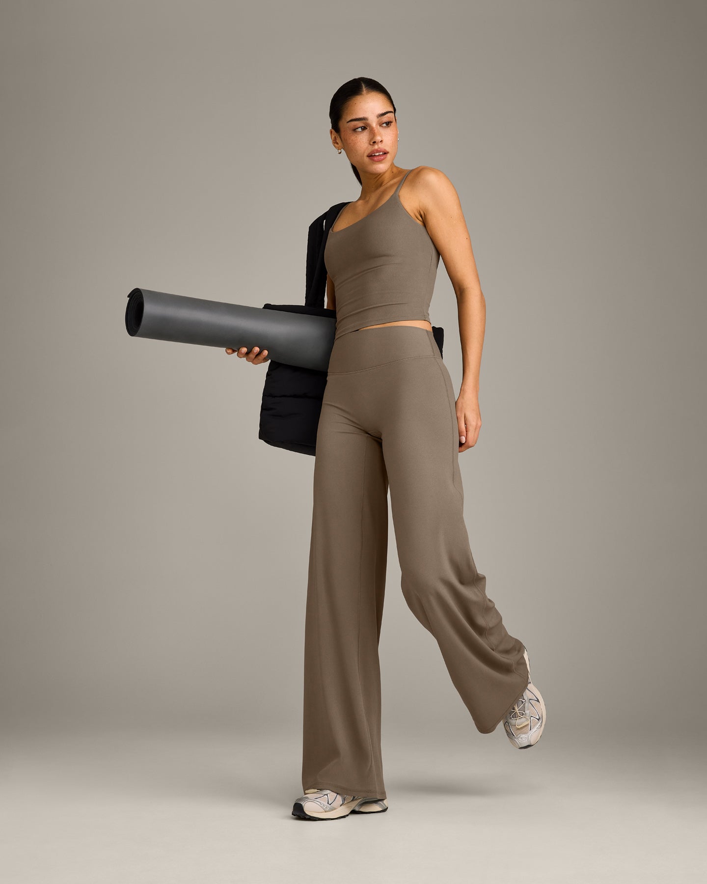 SoftMotion Strappy Mid Vest with Built in Bra Shelf with Grey Logo | Moss Brown - Image 3