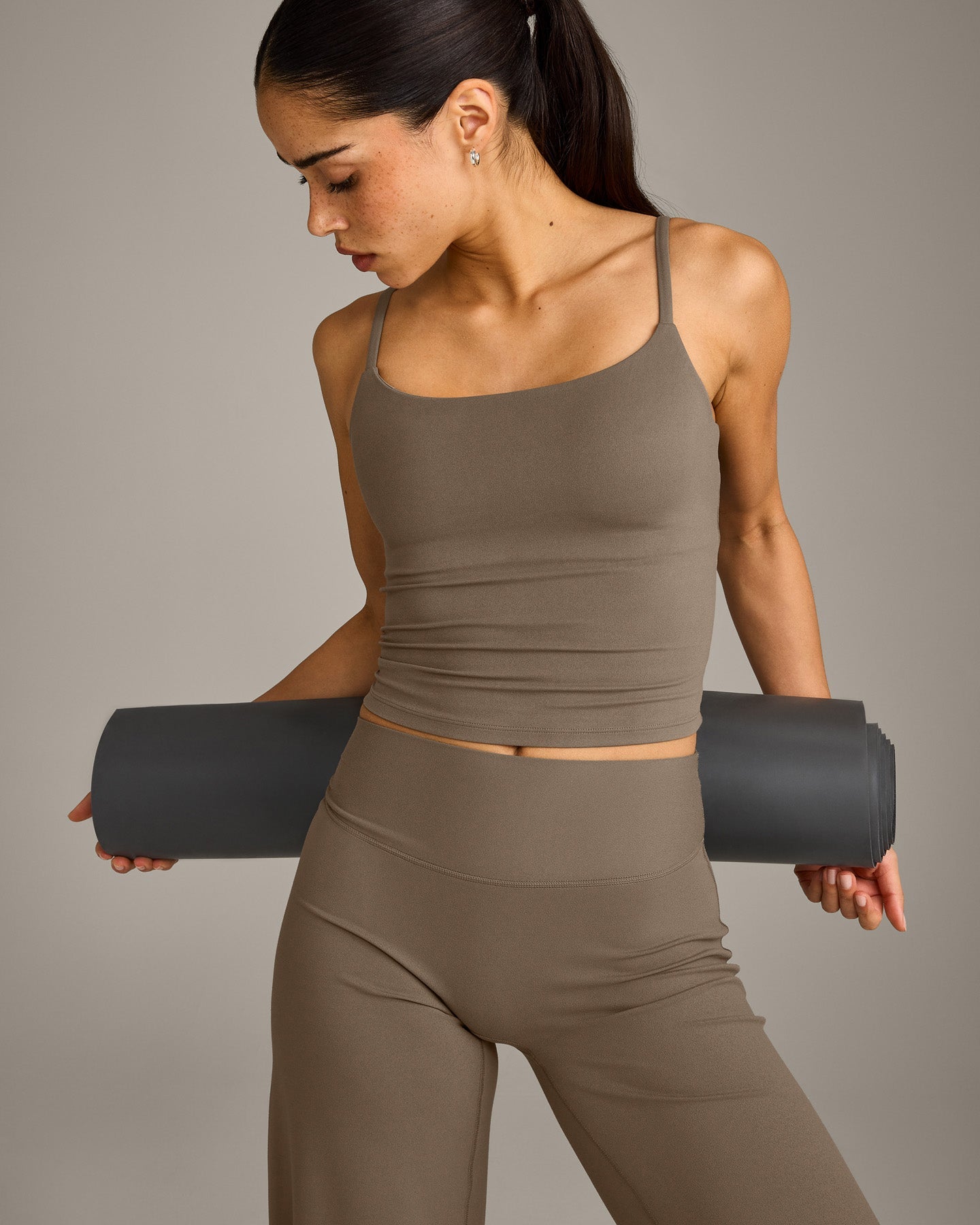 SoftMotion Strappy Mid Vest with Built in Bra Shelf with Grey Logo | Moss Brown - Image 4
