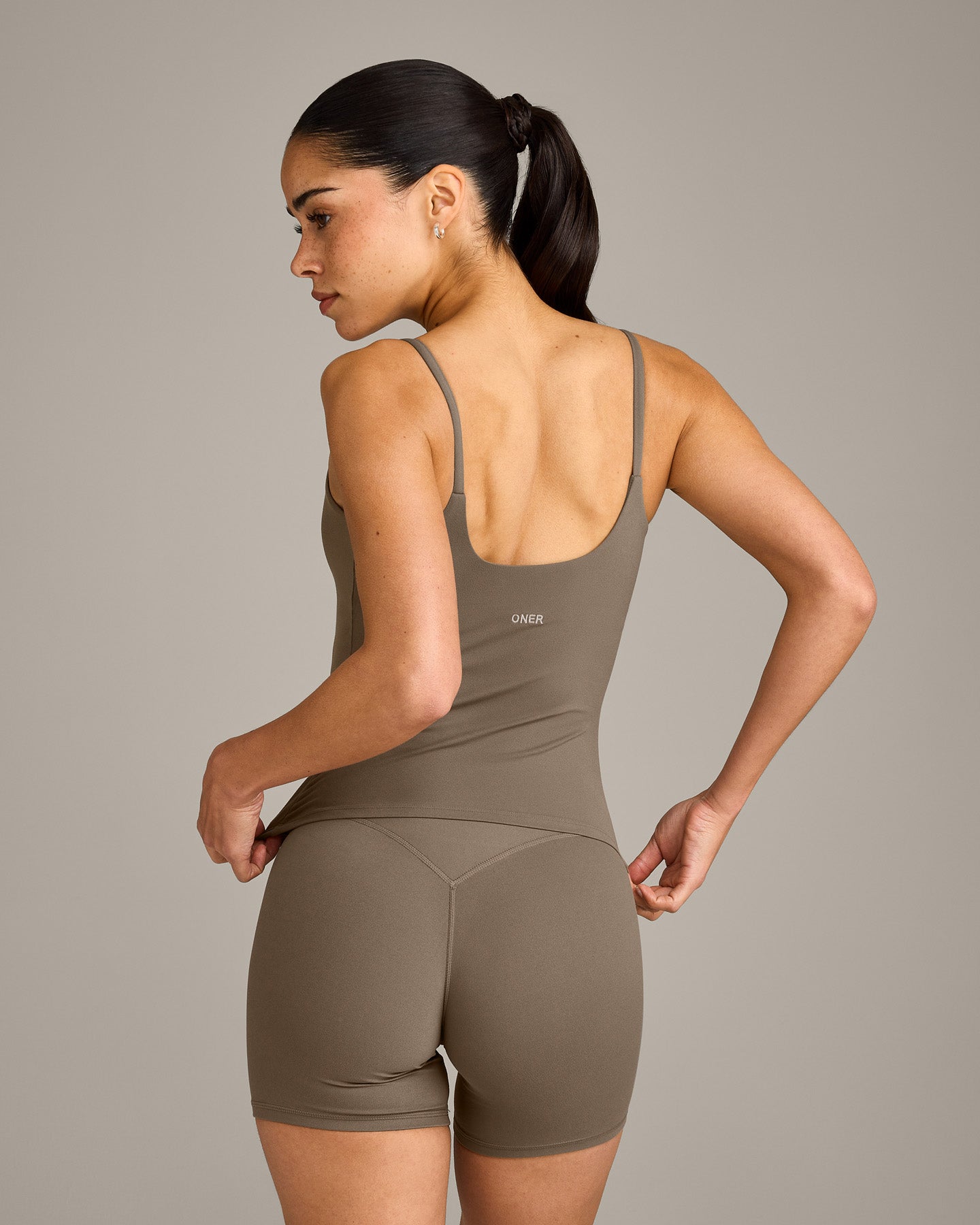 SoftMotion Strappy Vest with Built in Bra Shelf with Grey Logo | Moss Brown - Image 6