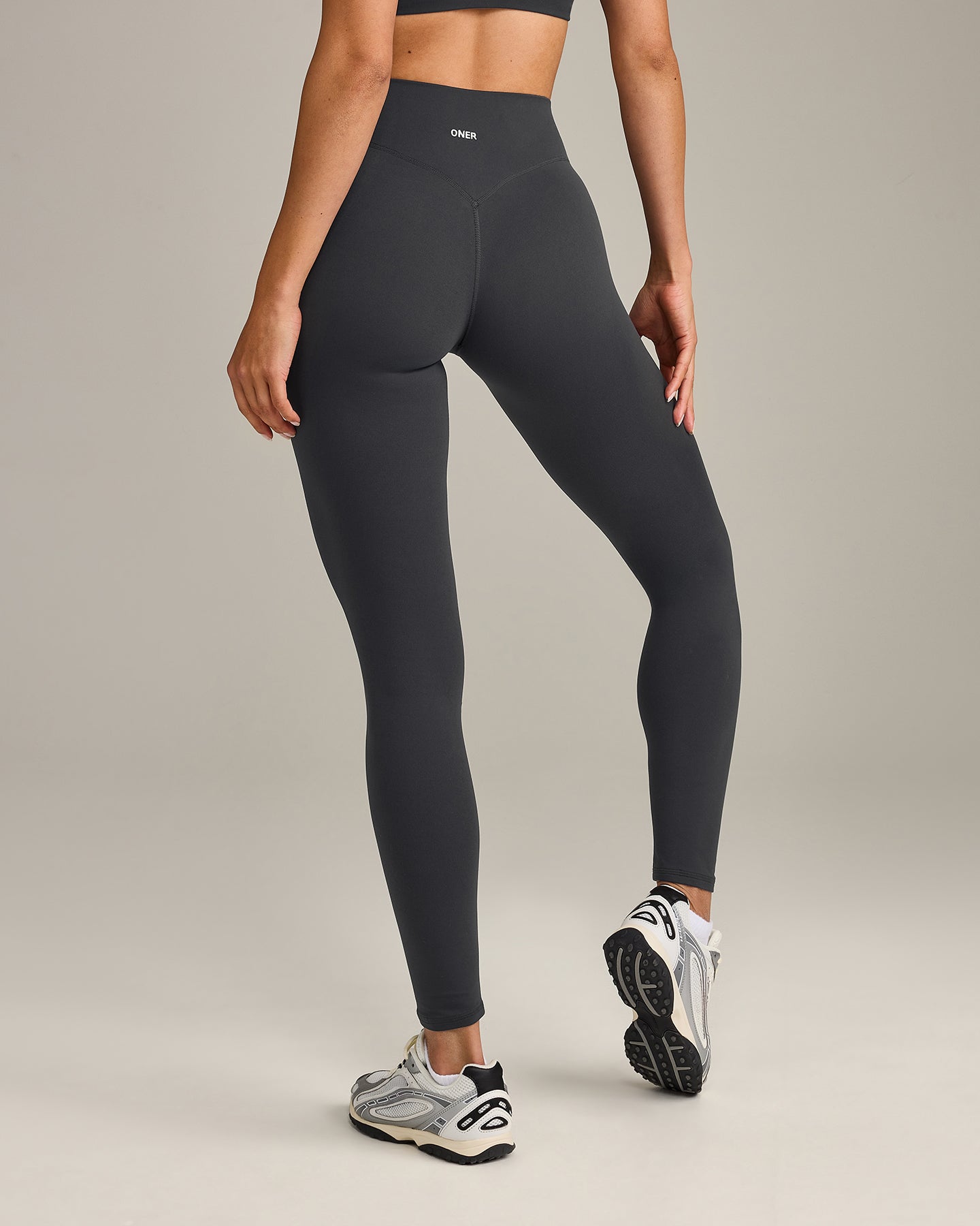 SoftMotion High Waisted Leggings with Grey Logo | Coal