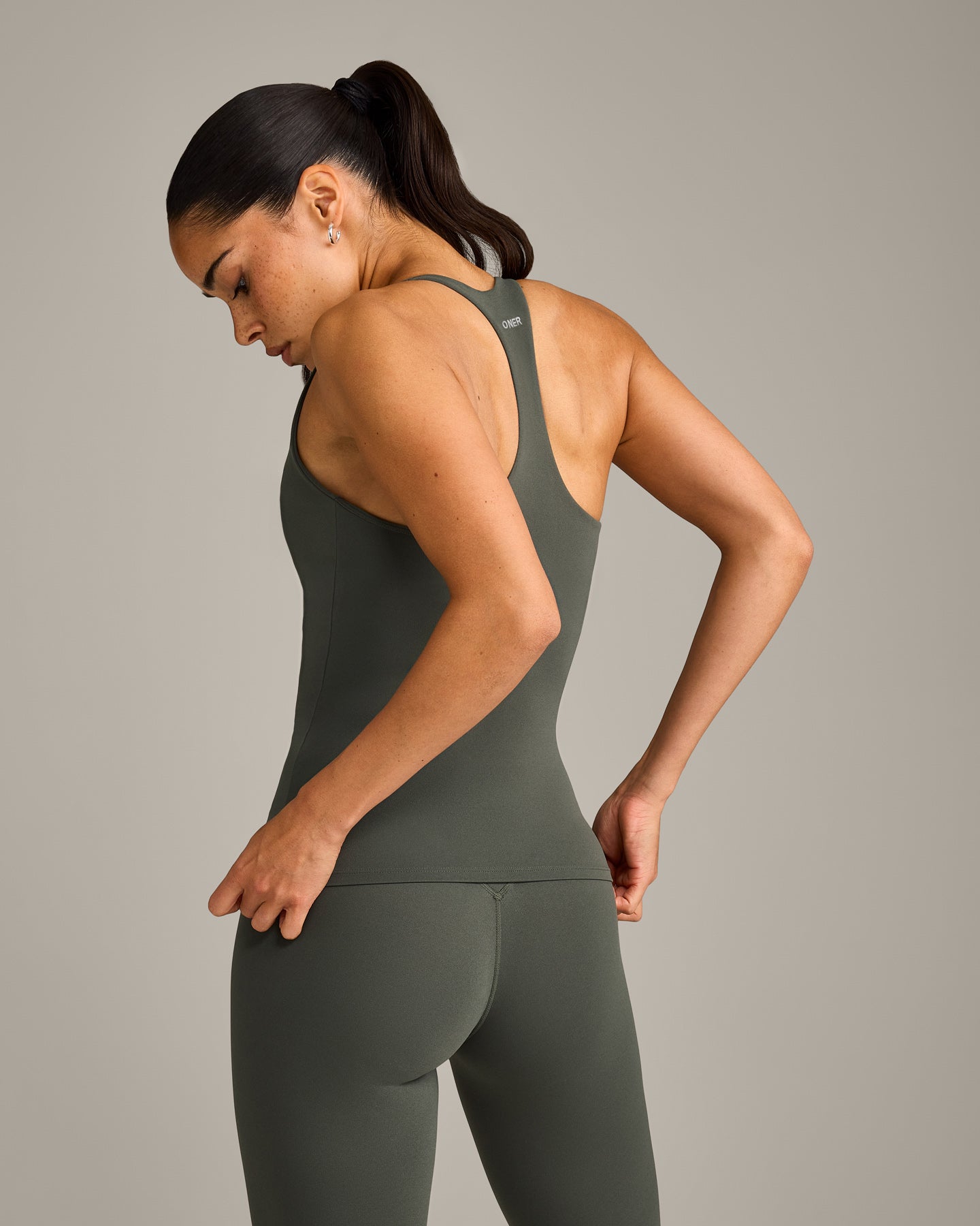 SoftMotion Racer Back Vest with Built in Bra Shelf with Grey Logo | Dark Khaki - Image 2