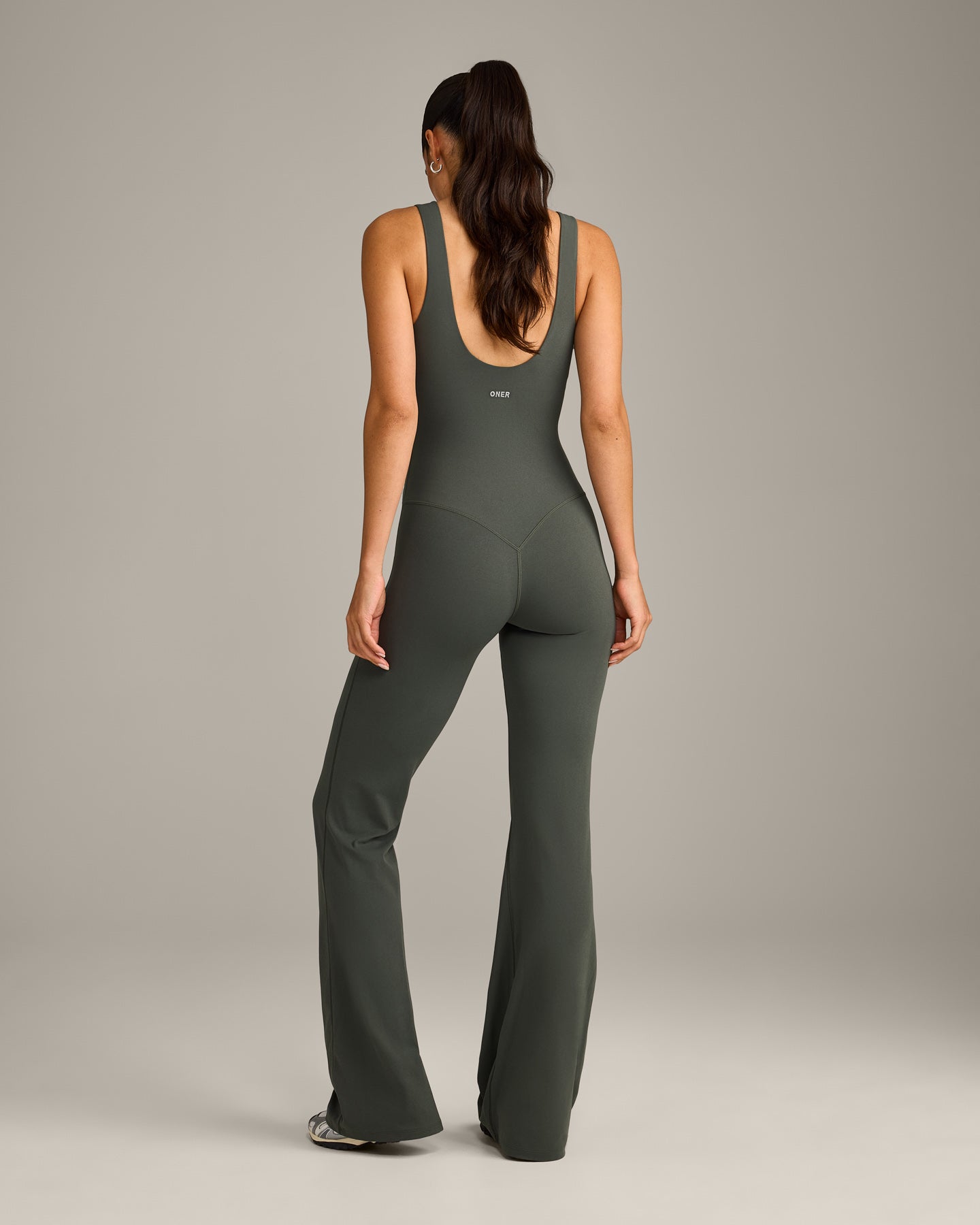 SoftMotion Scoop Back Flared All In One Long with Grey Logo | Dark Khaki - Image 2