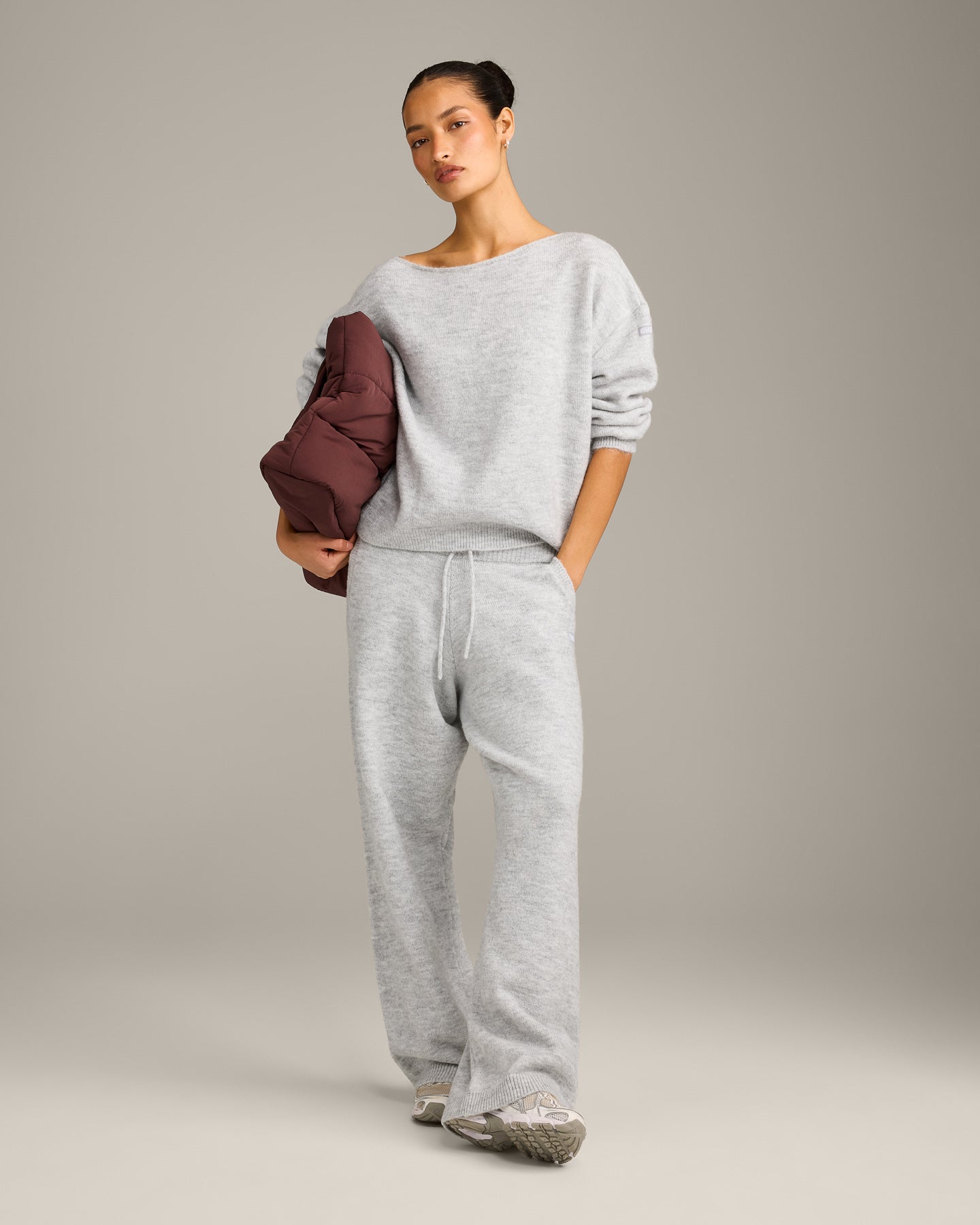 Oversized Knit Off-The-Shoulder Sweater | Light Grey Marl - Image 3