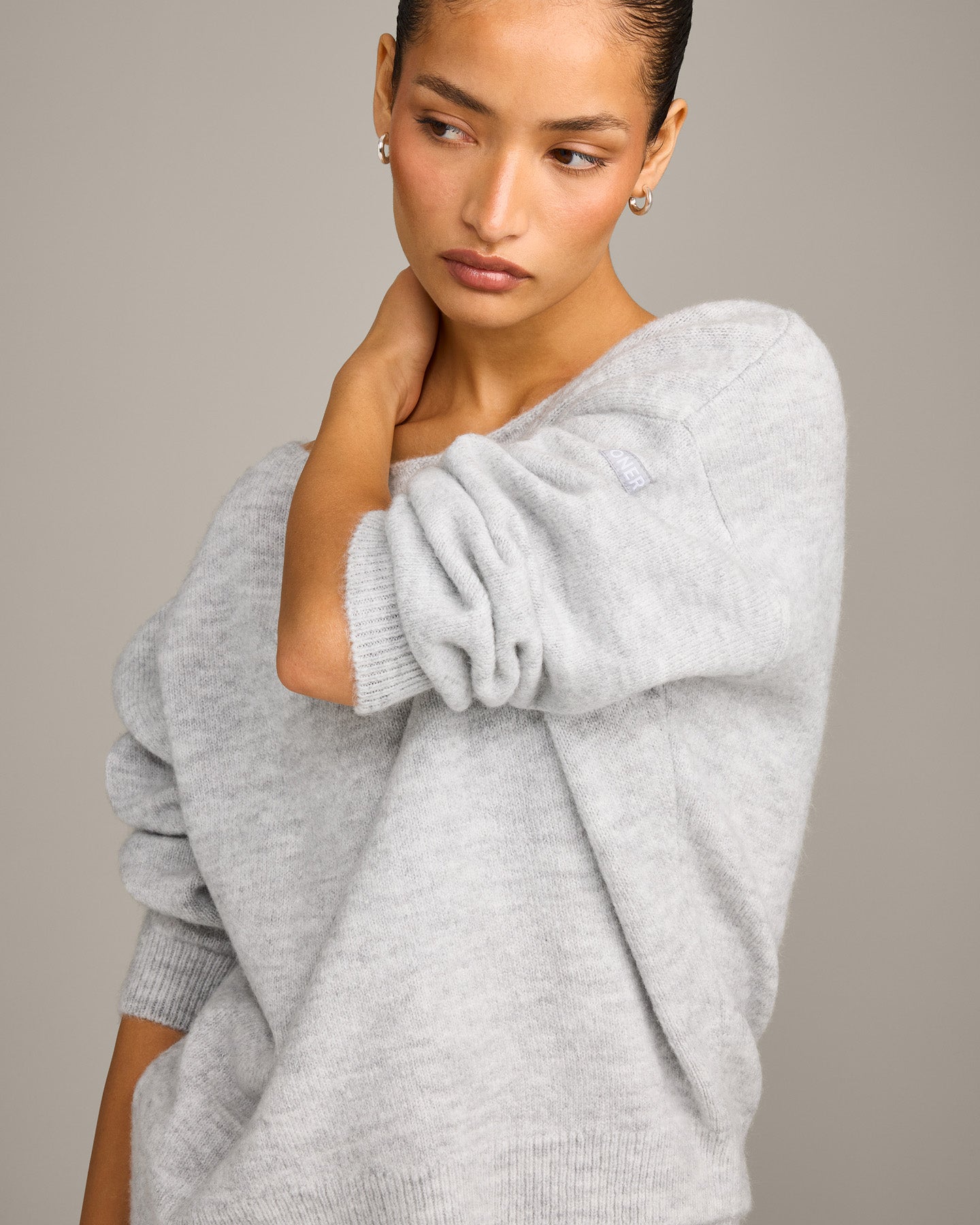 Oversized Knit Off-The-Shoulder Sweater | Light Grey Marl - Image 2