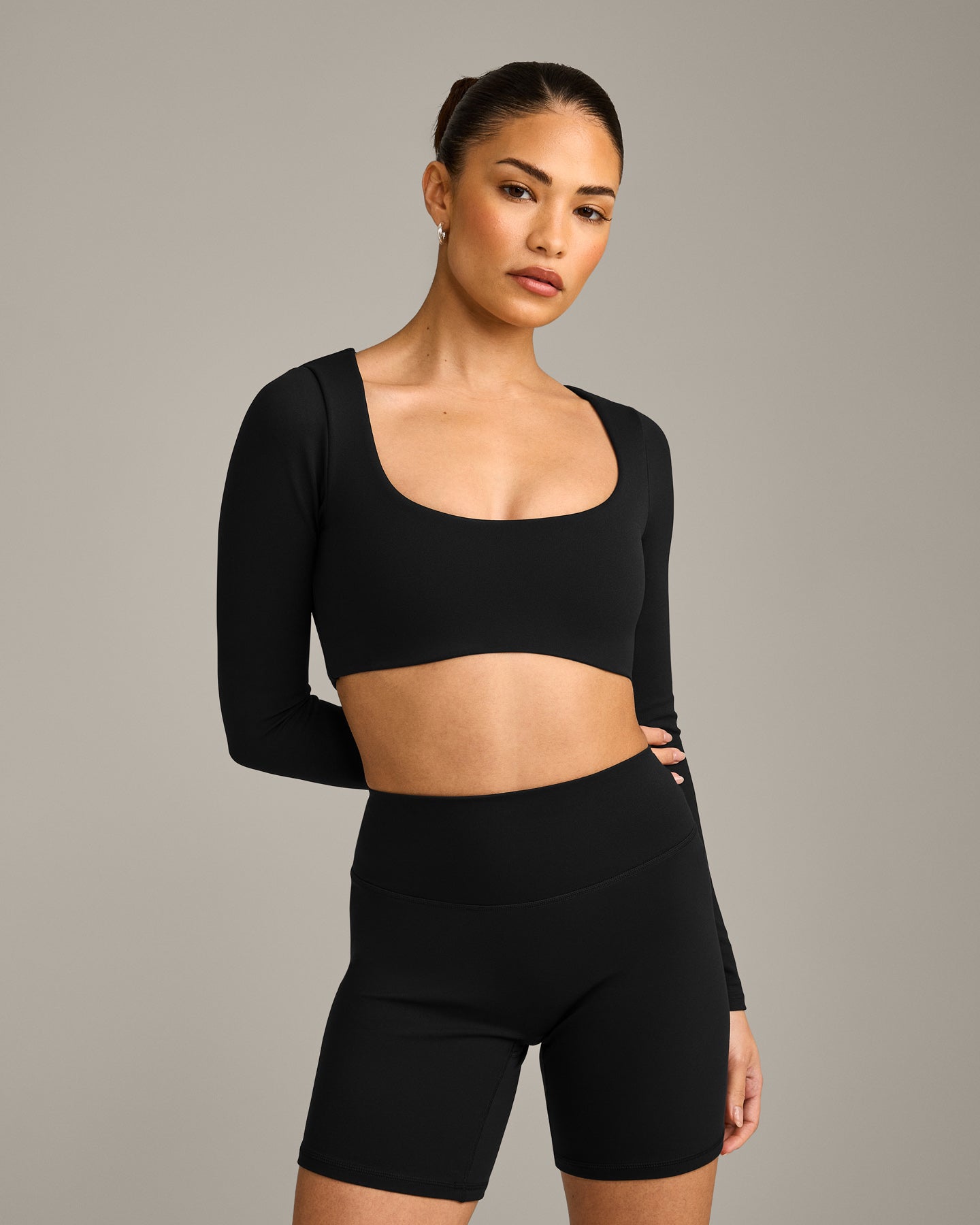 SoftMotion Scoop Neck Long Sleeve Crop Top with Built in Bra Shelf with Grey Logo | Black