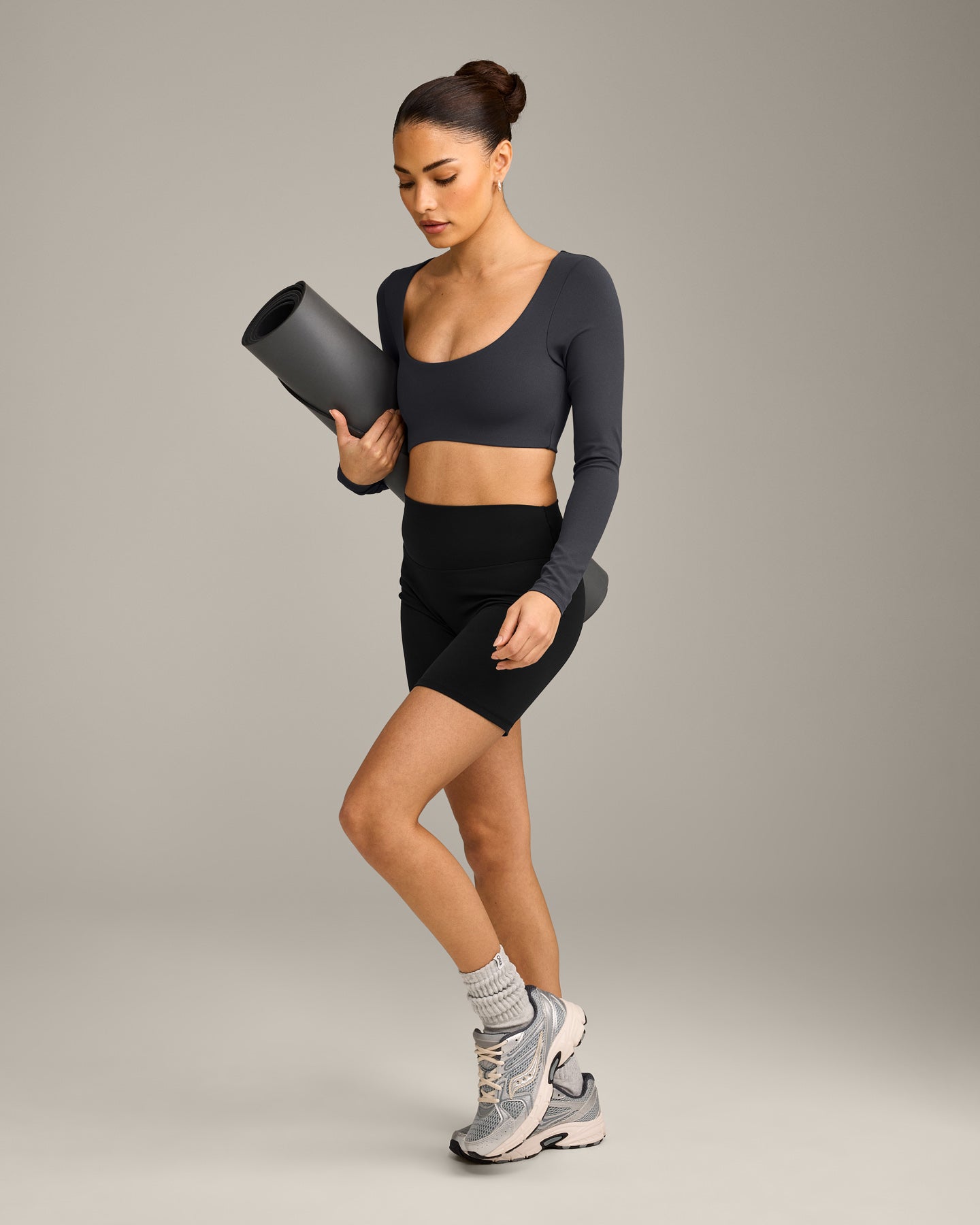 SoftMotion Scoop Neck Long Sleeve Crop Top with Built in Bra Shelf with Grey Logo | Coal - Image 2