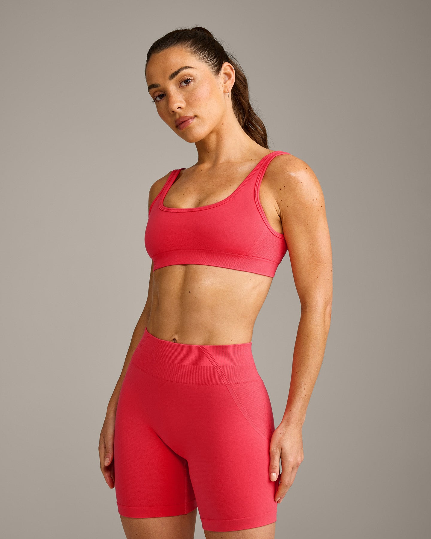 EffortlessLift Square Neck Sports Bra with Grey Logo | Charged Pink
