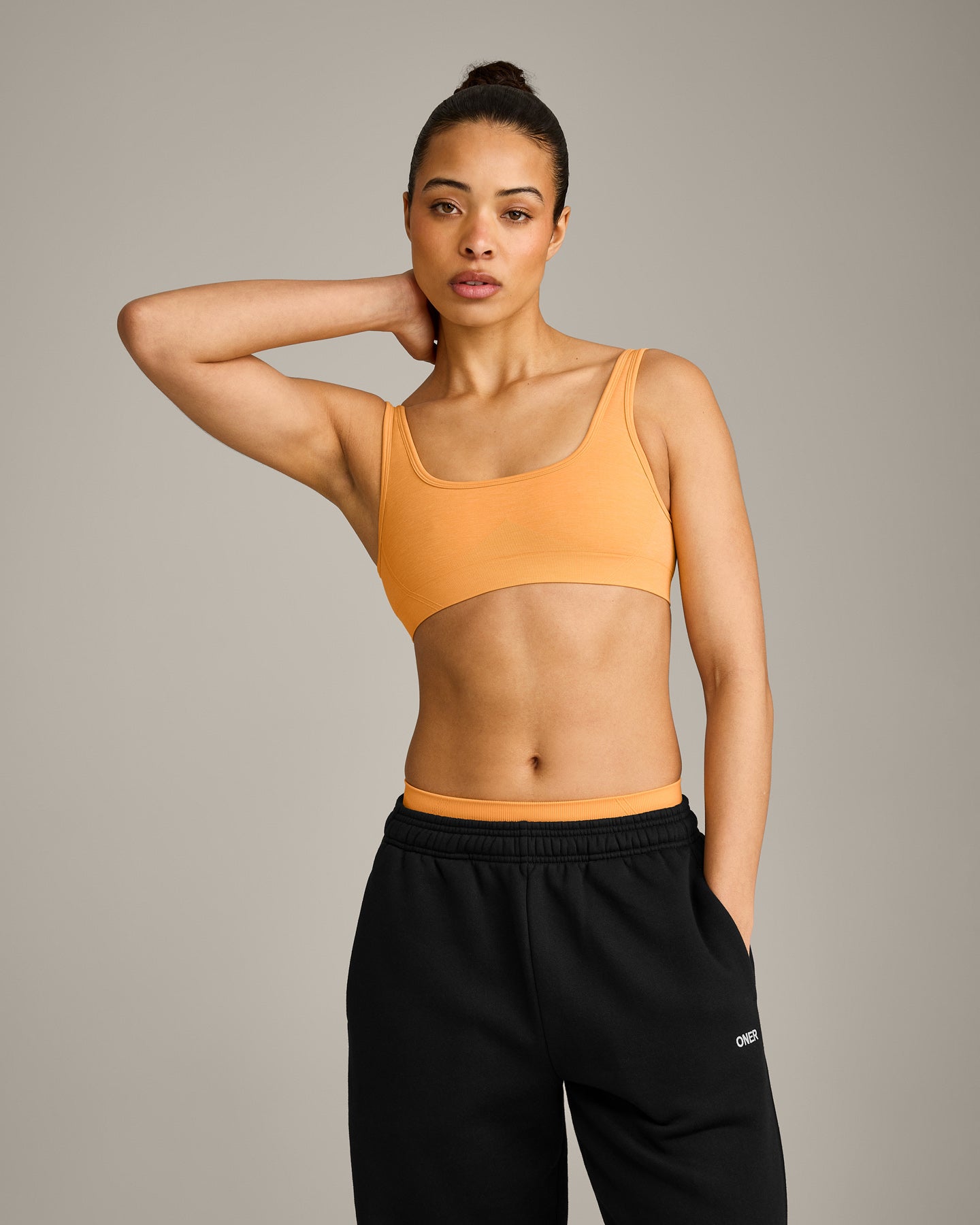 EffortlessLift Square Neck Sports Bra with Grey Logo | Powdered Orange