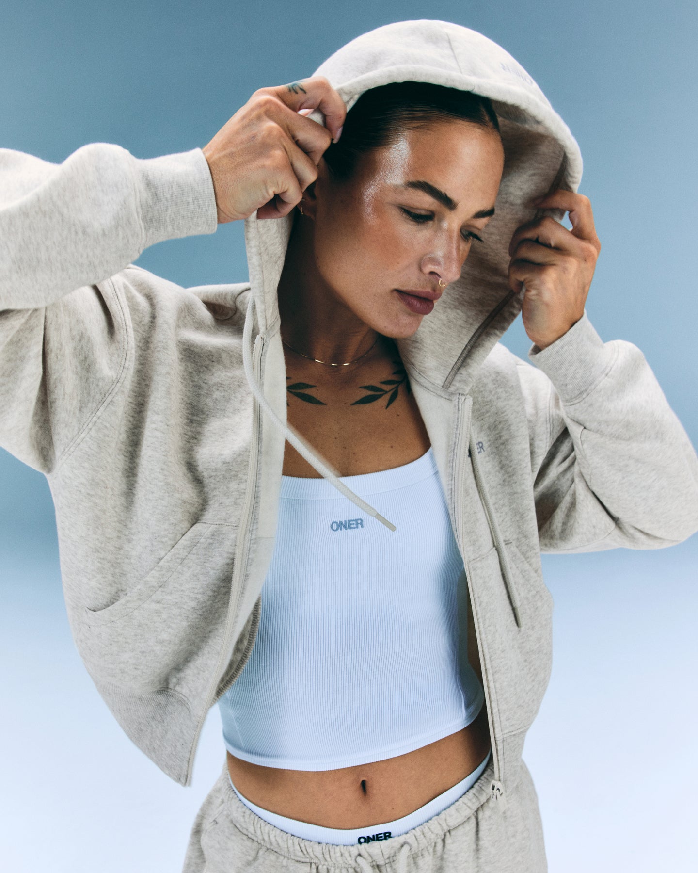 Foundations All Season Cropped Zip Through Hoodie | Oat Marl - Image 2