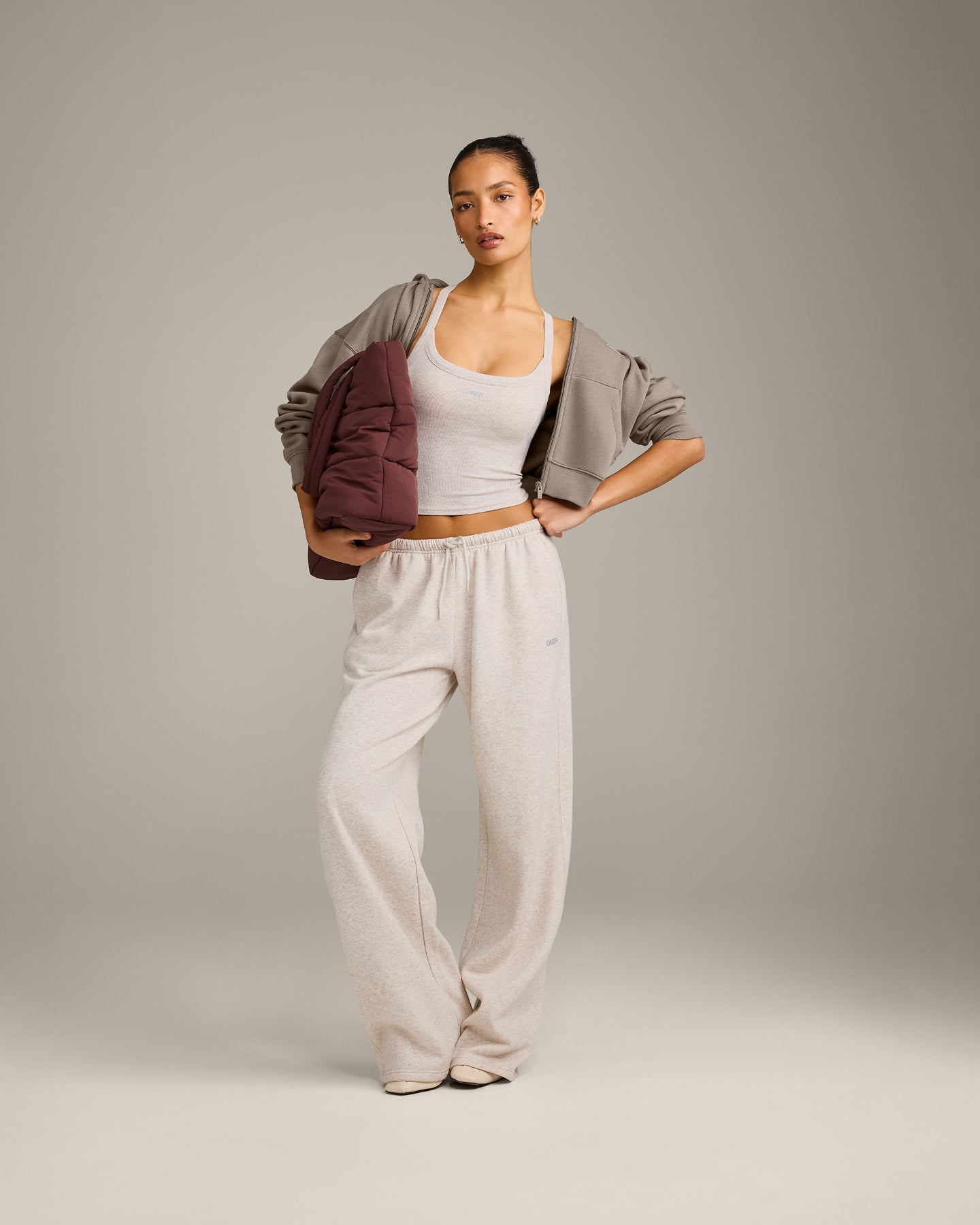 Mellow Rib Racer Back Mid Vest with Built in Bra Shelf | Oat Marl - Image 2