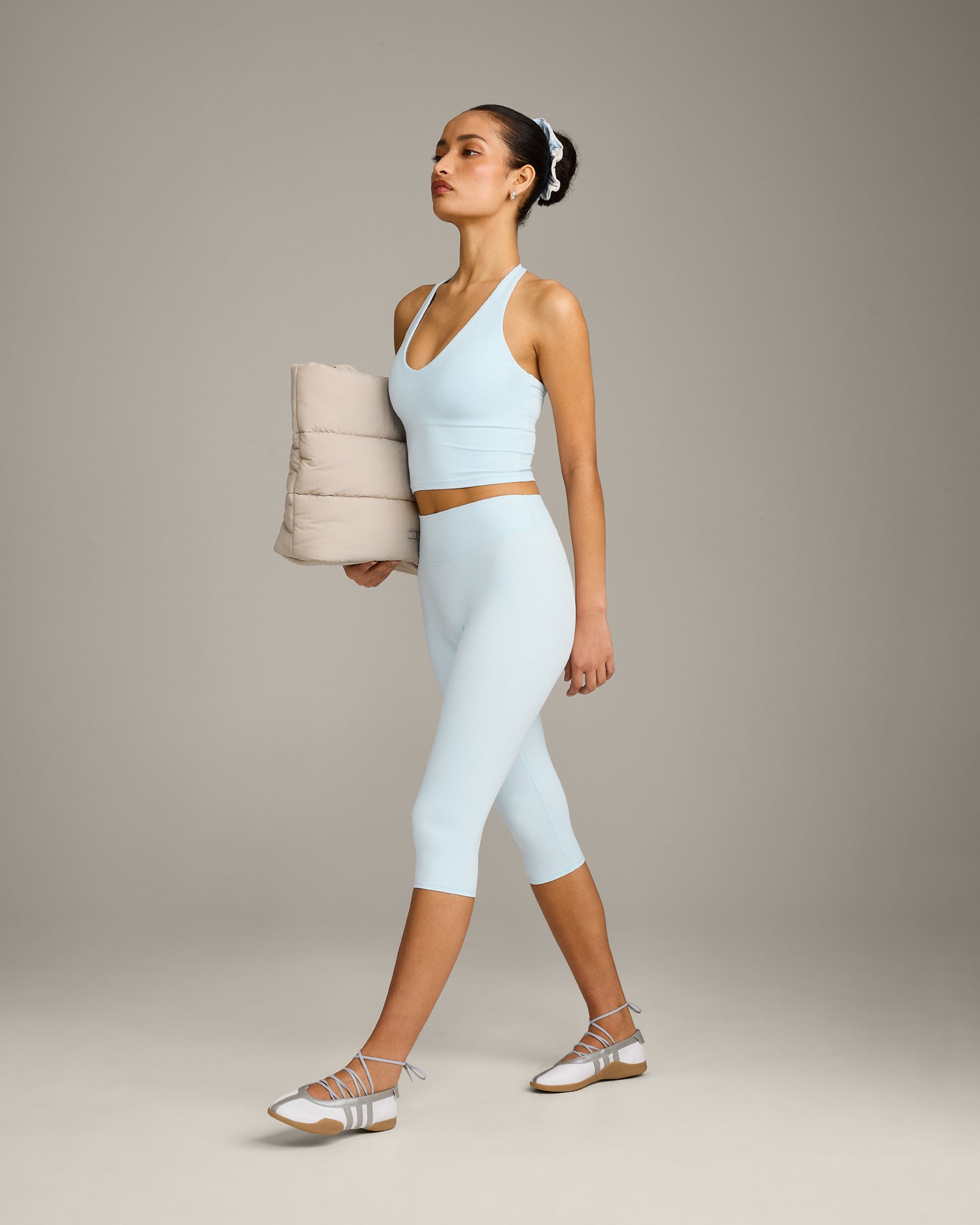SoftMotion High Waisted Capri Leggings with Grey Logo | Cloud Blue - Image 2