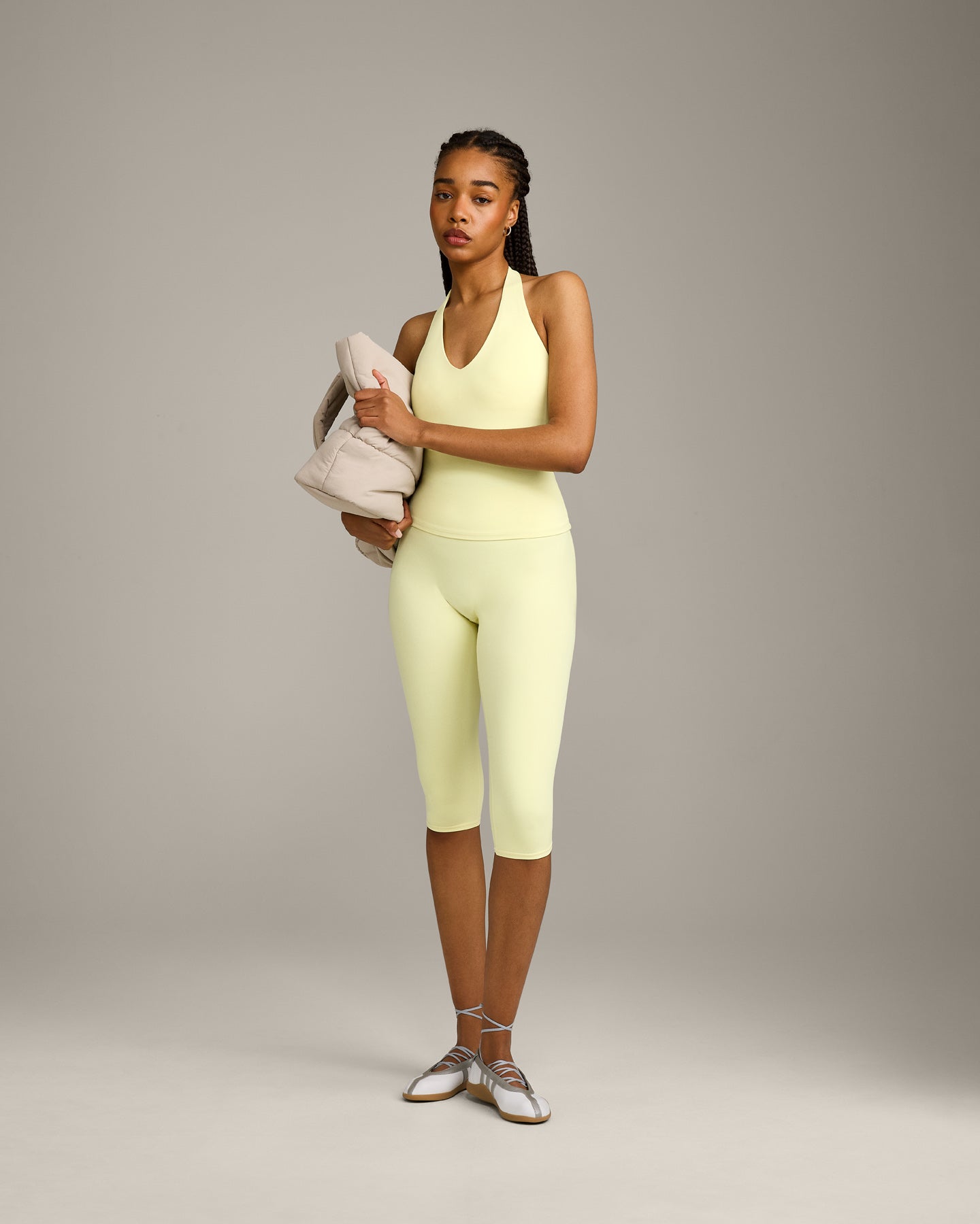 SoftMotion High Waisted Capri Leggings with Grey Logo | Pastel Yellow - Image 2