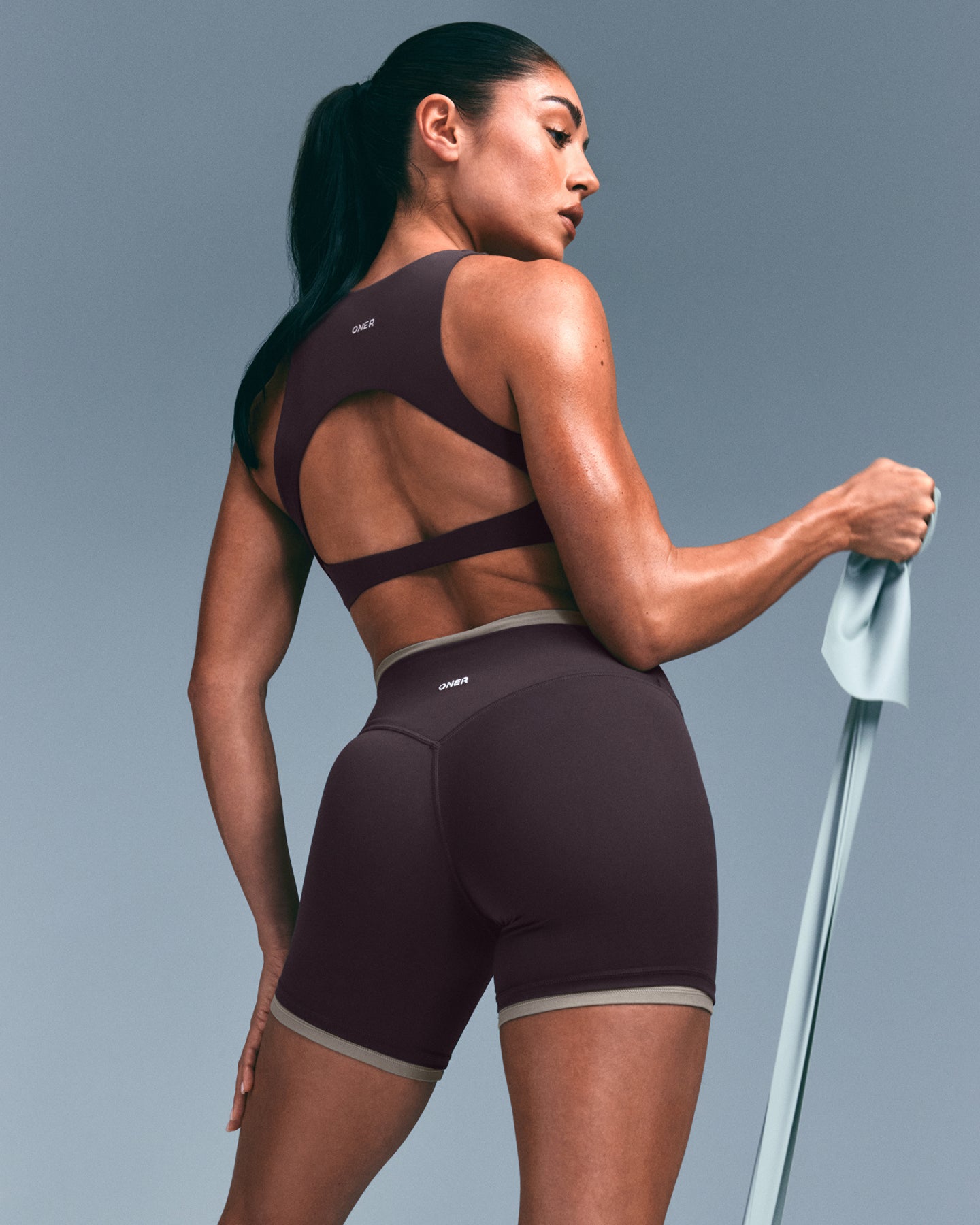 SoftMotion High Neck Sports Bra with Grey Logo | Dark Umber Brown - Image 2